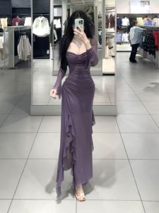CHANGTONG | Seductive Socialite Style French Design Purple Sheer Long Dress
