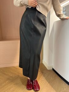 OUZZY Black Long High Waist Leather Skirt Fashion Slit Design Slimming A-Line Mini Dress Vintage Style Womens Skirts