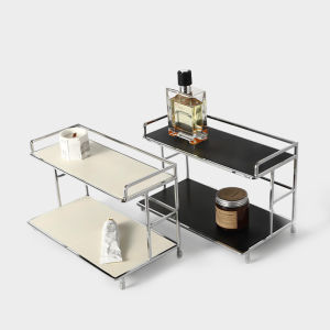 2 Tier Desktop Display and Storage Shelf Acrylic Board Organizer with Electroplated Iron Frame Narrow Upper Shelf Wide Lower Shelf Black Cream White for Office Desk Countertop