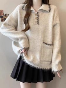 WANGGONGZHU | Thickened Knitted Sweater Womens Polo Collar Soft Cozy Retro Color Block Floral Edge Autumn Winter New Style Fashion Top