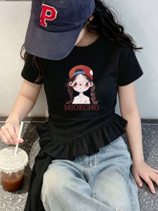 Summer Fashionable Ruffle Edges Asymmetric Easy Match Cotton Girls T-shirt