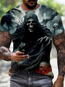 Fashionable new summer mens personalized skull print comfortable and breathable round neck T-shirt outdoor party top
