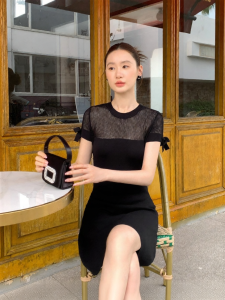 XXNING | Đầm Knit Cổ Tròn Nơ Ép Eo Mùa Hè