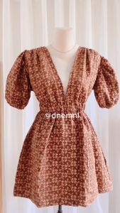 DNEMNLPH Marley V-Neck Premium Embossed Puff Sleeves Dress - Trendy Korean BKK High Quality Mini  Casual Vintage Dress Basic Daily Garter Loose Big Size Plain Formal Stretch Premium Quality