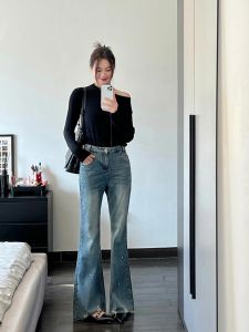 High Waist Washed Rhinestone Micro Flared Jeans Women Summer Design Straight Leg Ankle Length Pants Floor Length Trousers