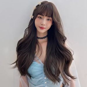 Full Head Wig with Body Wave Feathery Bangs 65CM Long Hair Breathable Comfort Natural Look No Slip