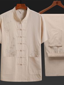 ชุดเสื้อกันหนาวแขนสั้นผู้ชายทําจากผ้าฝ้ายสีขาวบริสุทธิ์ที่มีลวดลายพืชสําหรับผู้สูงอายุ