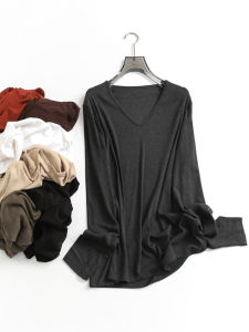 Pure Color Simple and Soft Comfortable Plaid V Neck Inner Bottoming Shirt Tops Fall and Winter New Arrival Long Sleeves Women T-shirt F542