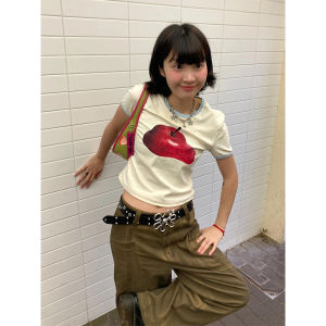Apple Print Color Block Summer T-Shirt for Women Slim Fit Short Sleeve Crewneck Pullover Retro Style Work Clothing