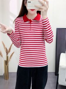 Korean Style Womens Red Striped Polo Shirt Turn-down Collar Spring Autumn Versatile Mid-aged Ladies Outerwear T-shirt