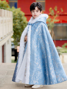 Thickened Childrens Hooded Cloak Winter New Style Warmth Plush Collar Traditional Chinese Hanfu Boys Robe Coat Polyester Fiber