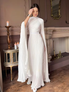 French Style Gown with Shawl Sleeves Pleated Slim Fit Waist Stand Collar Pleated Skirt Long Dress for Women Spring Summer