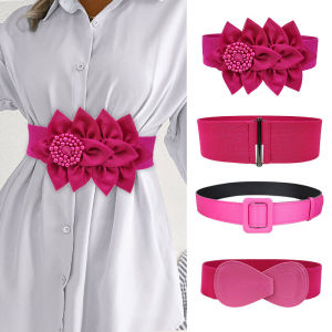 Pink Elastic Waist Belt Womens Skirt Butterfly Knot Flower Decoration Fashionable Belt Sweet Style PU Leather Alloy Buckle