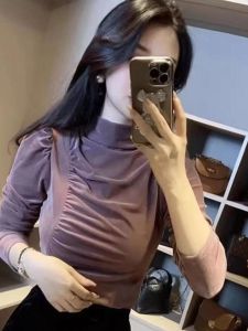 Fashionable Velvet Long Sleeve Half High Collar Womens T-shirt Slim Fit Base Layer Shirt Trendy Base Shirt for Autumn Winter