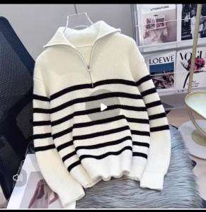 7LiWomens Turtleneck Loose Lapel Striped Knitwear Women Pulovers New Simplicity Half Zipper Cal Fashion Women Sweaters 2024