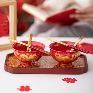 Bộ Bát Tròn Đỏ Cưới Phong Cách Trung Hoa Bằng Gốm Sứ Trang Trí in Họa Tiết Cung Đình Quà Tặng Đám Cưới