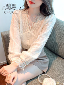 Lace V-neck Long Sleeve Chiffon Shirt Womens Fashion Spring New Style Base Layer Small Shirt Korean Style Loose Fit T-shirt
