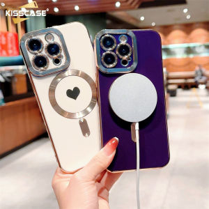 Kisscase Mạ sang trọng cho Magsafe Ốp điện thoại cho Iphone 14 Pro Max 14Plus 13 12 11 Vỏ mềm màu trơn Sạc từ hình trái tim tình yêu dễ thương