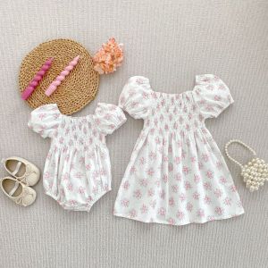 Summer Floral Print Short Sleeve Dress Baby Girls High Waist Cotton Skirt Korean Style A-Line Princess Dress for Twins