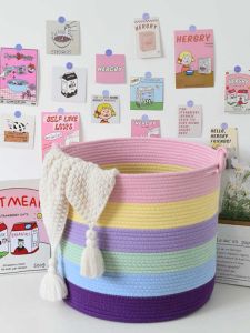 Rainbow Large Capacity Laundry Basket: Handmade Cotton Thread Woven Living Room Bedroom Storage Basket Toy Organizer