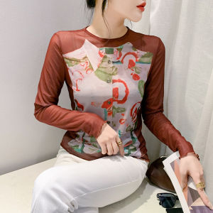 REHIN เสื้อยืดแขนยาวพิมพ์ลายผ้าตาข่ายแฟชั่นเข้ารูปพอดีใหม่สำหรับผู้หญิงสง่างามสไตล์ยุโรปฤดูใบไม้ร่วง