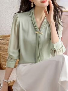 High-end French Designed Pleated Belted Acid Satin Blouse