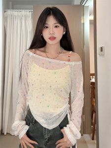 Summer Pure Desire Butterfly Knot Lace Star Print Transparent Slim Fit Long Sleeve T-Shirt Sun Protection Top for Women