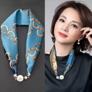Magnetic Clasp Silk Scarf Long Thin Summer Necklace Lazy Scarf Pendant Neck Protection Pearl Small Scarf Headband Shoulder Guard