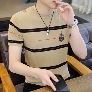 HENGYUANXIANG | Hengyuanxiang Mens Ice Silk Short Sleeve T-Shirt Knitted Half Sleeve Stripe Embroidery Summer High End Round Neck Cool Feeling