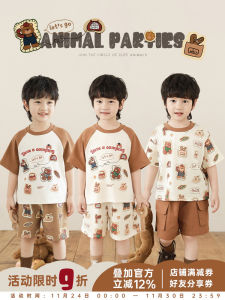 Cool Loose Bear Cartoon Short Sleeve T-Shirt And Shorts Camping Outdoor Summer Clothes Set for Boys Breathable Comfortable Cotton Blend Fabric