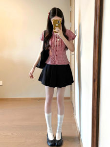 Y6Y | Áo sơ mi kẻ caro tay ngắn màu đỏ dành cho nữ phong cách Pháp ngọt ngào mùa hè mới Áo sơ mi tay bồng cổ polo dáng rộng cotton 100%