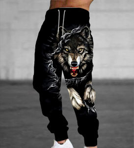 2026 Hot Selling Fashionable and Cool Wolf Pattern Mens Casual Elastic Medium 3D Printed Loose Fit Winter Outdoor Pants