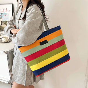 Spring Autumn Large Capacity Stripe Tote Bag Womens Class Shopping Bag Single Shoulder Bag Simple Handheld Bento Bag