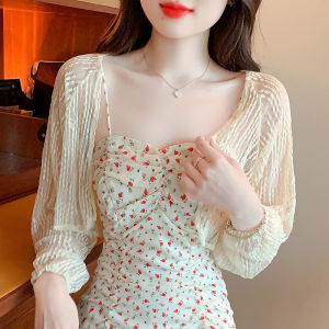 ผู้หญิงถักเสื้อตาข่ายสําหรับฤดูร้อนแขนสั้นและผ้าพันคอ Lace Up ชุดเครื่องปรับอากาศเสื้อสเวตเตอร์ถักบาง Outerwear