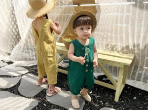 Pure Linen Childrens Romper No-Sleeve Seven-Quarter Pants Baby Photography Outfit Forest System Kids All-In-One Summer Clothes