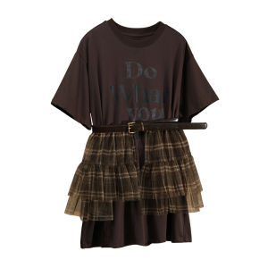 Americana Sweet-Spicy Style Two Piece Set Plaid Mesh Skirt with Belt
