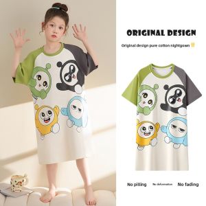 Miiow | Pure Cotton Summer Lightweight Short Sleeve Girls Nightgown Cartoon Childrens Sleepwear Home Clothes For Little Girls