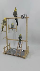[LIULIU MEI]ชุดอุปกรณ์คอนนกและถาดสแตนเลสรองเศษอาหาร คอนยืนนกแก้ว Parrot Playstands With Cup Toys Tray Bird Swing Climbing Hanging Ladder Bridge Wood Cockatiel Playground Bird Perches 36*23*51cm