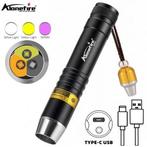 Alonefire SV370 3-in-1 White Yellow 365nm UV LED Flashlight USB Rechargeable Jewelry Jade Stone Pet Stain Tinea Marker Ore Money Scorpion Light