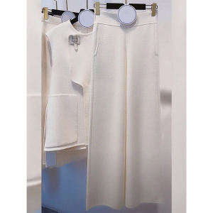 Slim Fit Wide Leg Pants Knitted Casual Straight Cut Womens Spring Autumn High Waist White Knit Trousers for plus Size Ladies