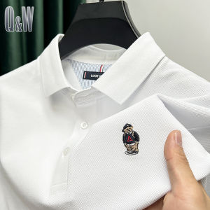 Embroidered Pure Cotton Polo Shirt Mens Short Sleeve Turn-down Collar Fashionable Summer T-shirt Bear Pattern Casual Wear