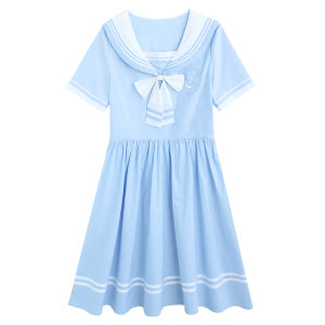 niffeilu | Nieve Navy Style Cotton Sailor Dress School Uniform Skirt For Girls Student Outfit Summer 2025 Pleated Gown With Bow Tie