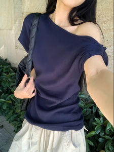 Chic Asymmetrical Shoulder Short Sleeve T-Shirt Womens Summer Versatile Simple Beautiful Base Super Good Looking Top