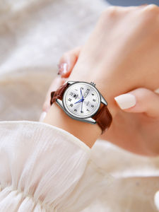 New 2025 Digital Ladies Quartz Watch Leather Band Mechanical Style Womens Watch Calendar Night Light round Dial Stainless Steel