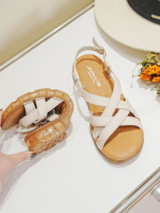 Genuine Leather Sandals Womens Summer New Korean Style Flat Bottom Anti-Slip Soft Bottom Fairy Wind One-Strap Beach Shoes