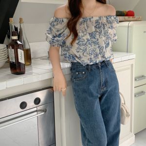 off-Shoulder Print Short-Sleeved Shirt Womens Summer Retro Elegant Small Shirt Stylish Niche Style Chic Puff Sleeve Top