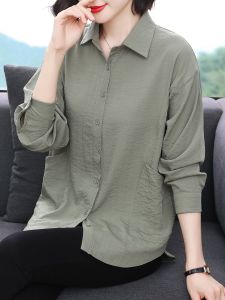 เสื้อเชิ้ตผ้าชีฟองแขนยาวทรงหลวมสำหรับผู้หญิง ฤดูใบไม้ร่วง 2023 เสื้อคาร์ดิแกนเปิดสำหรับผู้หญิงวัยกลางคนและผู้สูงอายุ