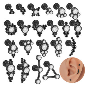 1PC Surgical Steel Black Plated Labret Crystal Cluster Helix Tragus Cartilage Flat Base Ear Studs Piercing Jewelry 16G