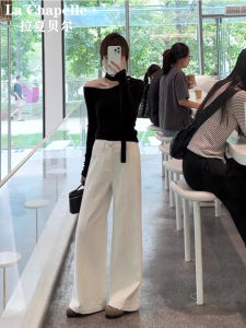 La Chapelle High Waist Wide Leg Denim Jeans Womens White Floor Length Loose Fit Pants Autumn New Style Elegant Ladies Trousers