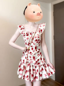 Kming | Váy midi hở vai hoa mùa hè cho nữ Váy chữ A cạp cao không tay dáng rộng thường ngày chất liệu polyester